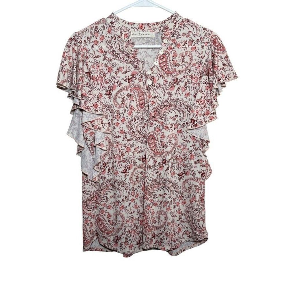Fair Haven Blouse Women's Medium Floral V-Neck Ruffle Short Sleeve Career Top